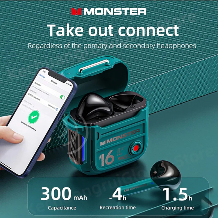 هندزفری بلوتوثی مانستر مدل XKT16 دو گوشی، با رابط USB Type-C، مناسب برای آقایان و بانوان