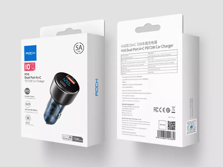 مشخصات شارژر فندکی فست شارژ ماشین 72 وات تایپ سی راک H16