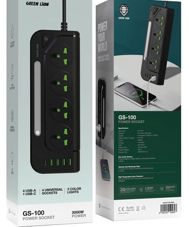 خرید آنلاین چندراهی و محافظ برق 3000 وات گرین لاین مدلGS-100 Power Socket