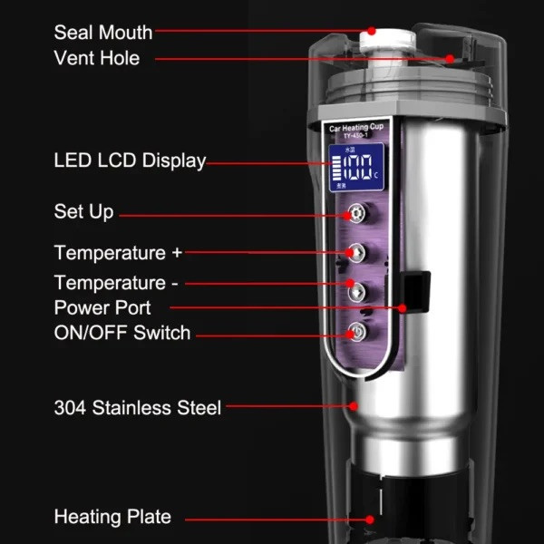 مشخصات ماگ فندکی کمین مدل Kemin E-ACE 12V Portable Car Heating Cup 400ml Stainless Stee