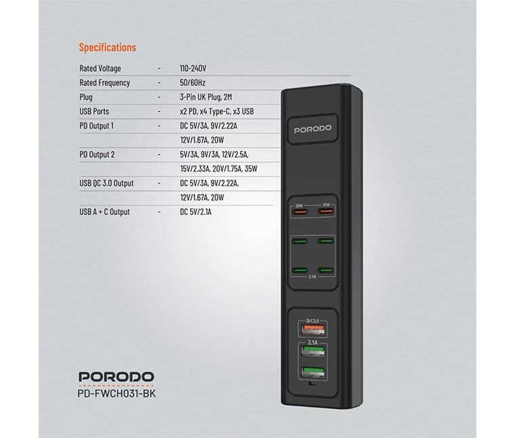 چند راهی شارژ USB چند پورت پرودو 85 واتی مدل PD-FWCO31