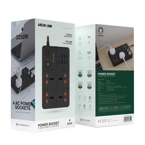 چند راهی برق گرین لاین مدل Power Socket 7 USB-A Port & 1 PD Port GNPS7UPDUKBK