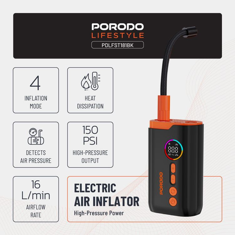پمپ باد و چراغ قوه شارژی پرودو Porodo Lifestyle Electric Air Inflator PD-LFST181
