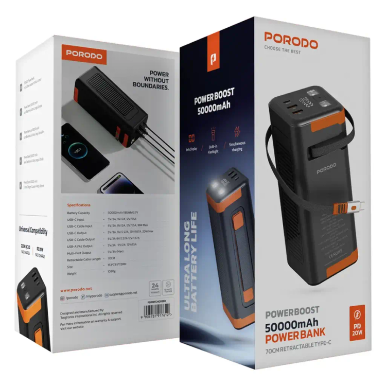 پاوربانک 50000 میلی آمپر 20 وات پرودو Porodo Power Boost 50000mAh Power Bank PD 20W PDPBFCH093
