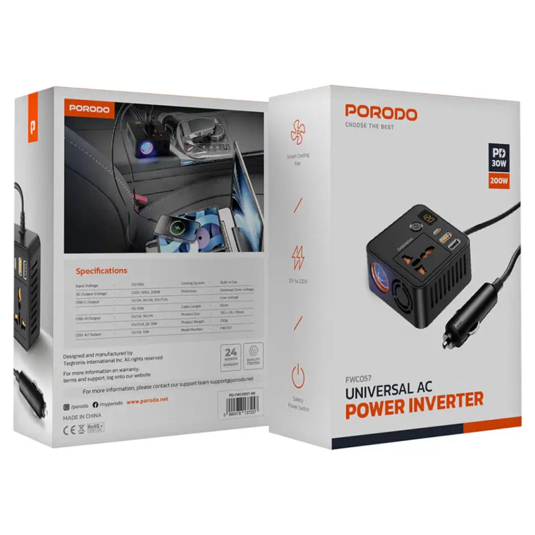 اینورتر و مبدل برق خودرو پرودو مدل Porodo Universal AC Power Inverter PD-FWCH057-BK