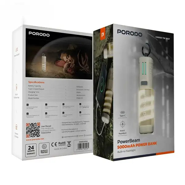 پاوربانک 5000 همراه با حشره کش و چراغ قوه پرودو PORODO POWERBEAM PDNDC017KH