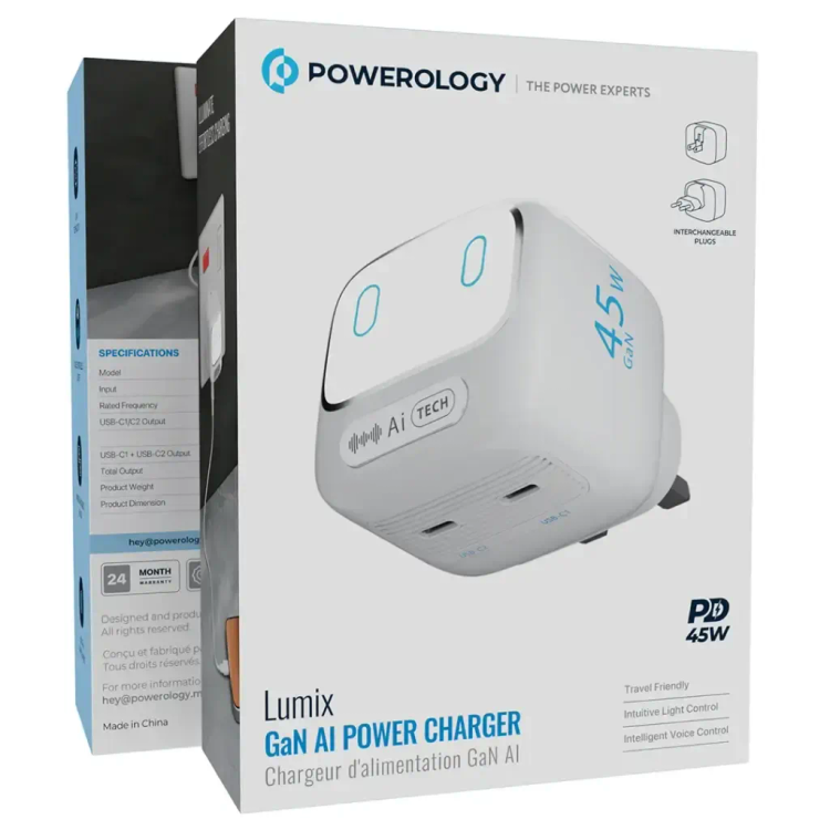 آداپتور شارژ 45 وات هوشمند پاورولوژی Powerology Lumix GaN AI Power Charger PWCUQC052WH