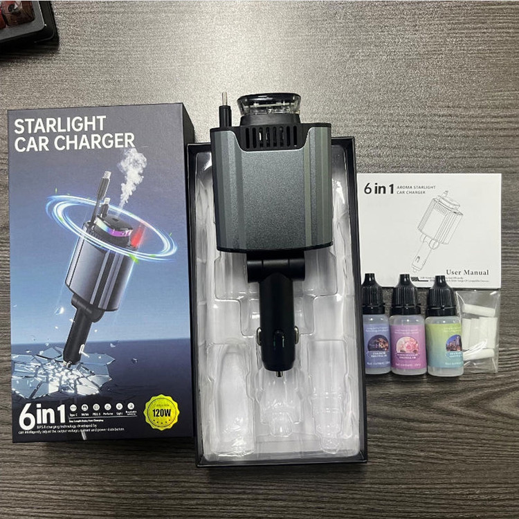 شارژر فندکی ۶ کاره Aroma Starlight مدل C4 با خوشبوکننده و نور کهکشانی 120W