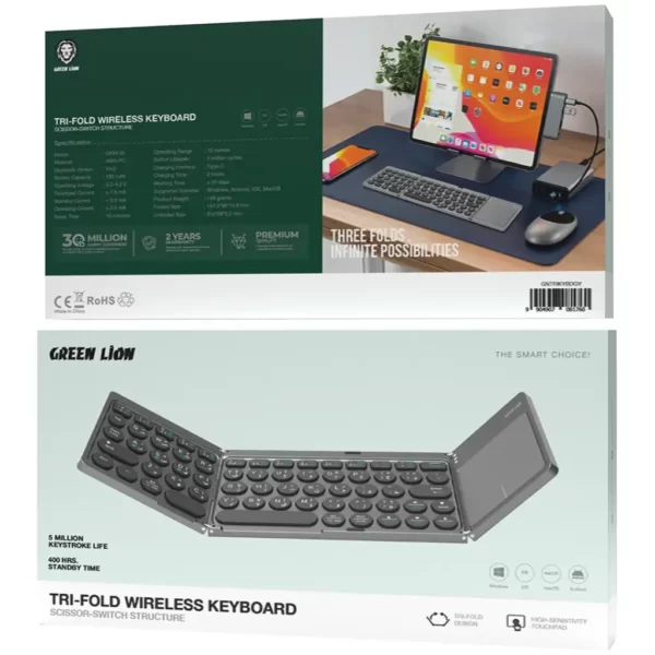 کیبورد بلوتوثی تاشو با تاچپد گرین لاین Green Lion Tri-Fold Wireless Keyboard Scissor-Switch Structure