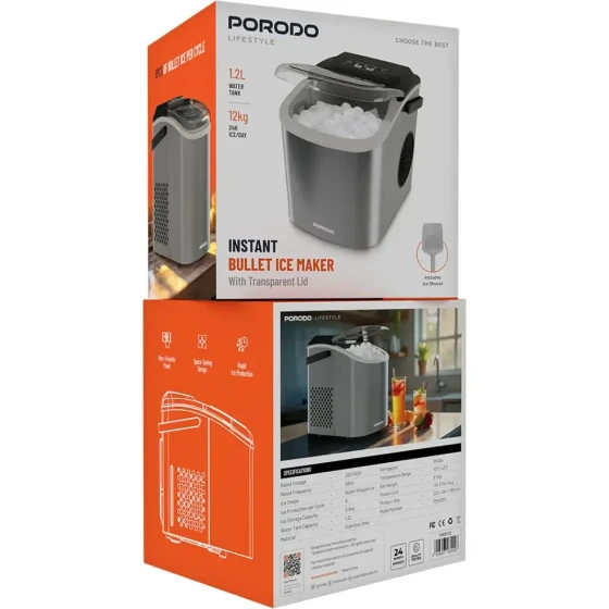 دستگاه یخ‌ساز رومیزی استیل Porodo Lifestyle مدل Instant Bullet Ice Maker برند پورودو لایف‌استایل